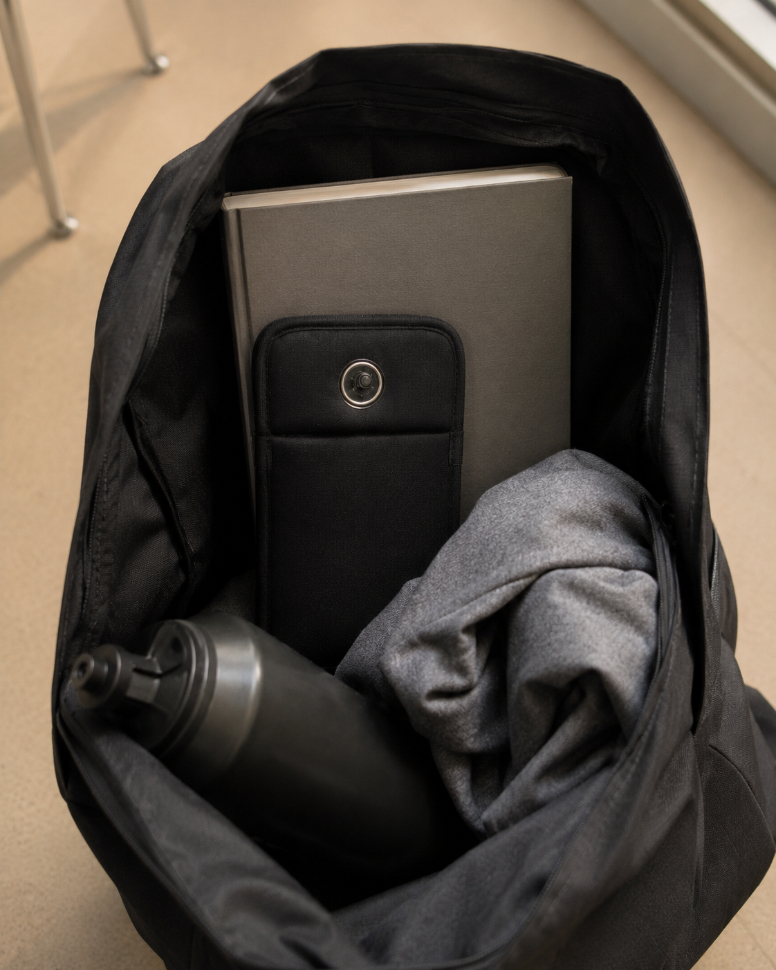 A TOVI pouch packed in a backpack with a book, hoodie and water bottle.